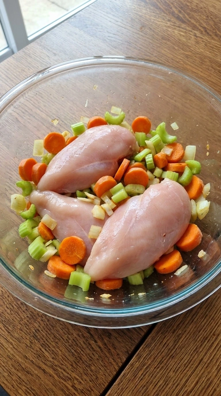 Creamy Chicken Noodle Soup preparation with raw chicken and vegetables Recipe focus: easy chicken noodle soup recipe.
