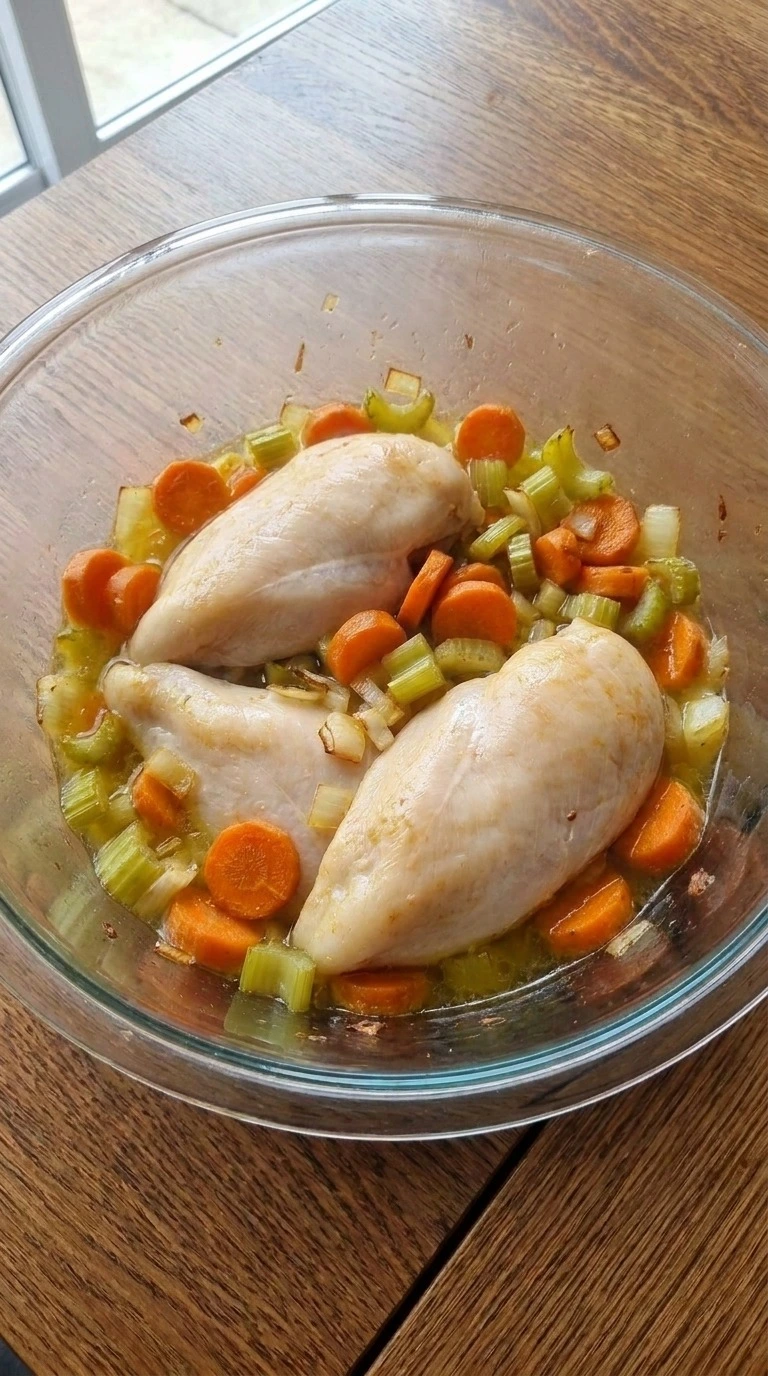 Creamy Chicken Noodle Soup simmering with chicken vegetables and broth Recipe focus: chicken noodle soup homemade.