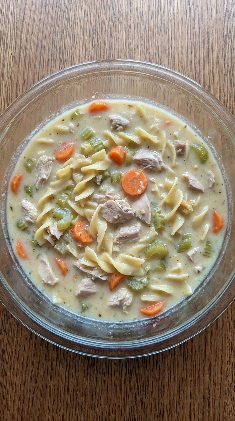 Creamy Chicken Noodle Soup with egg noodles and thickened creamy broth Recipe focus: chicken noodle soup homemade.