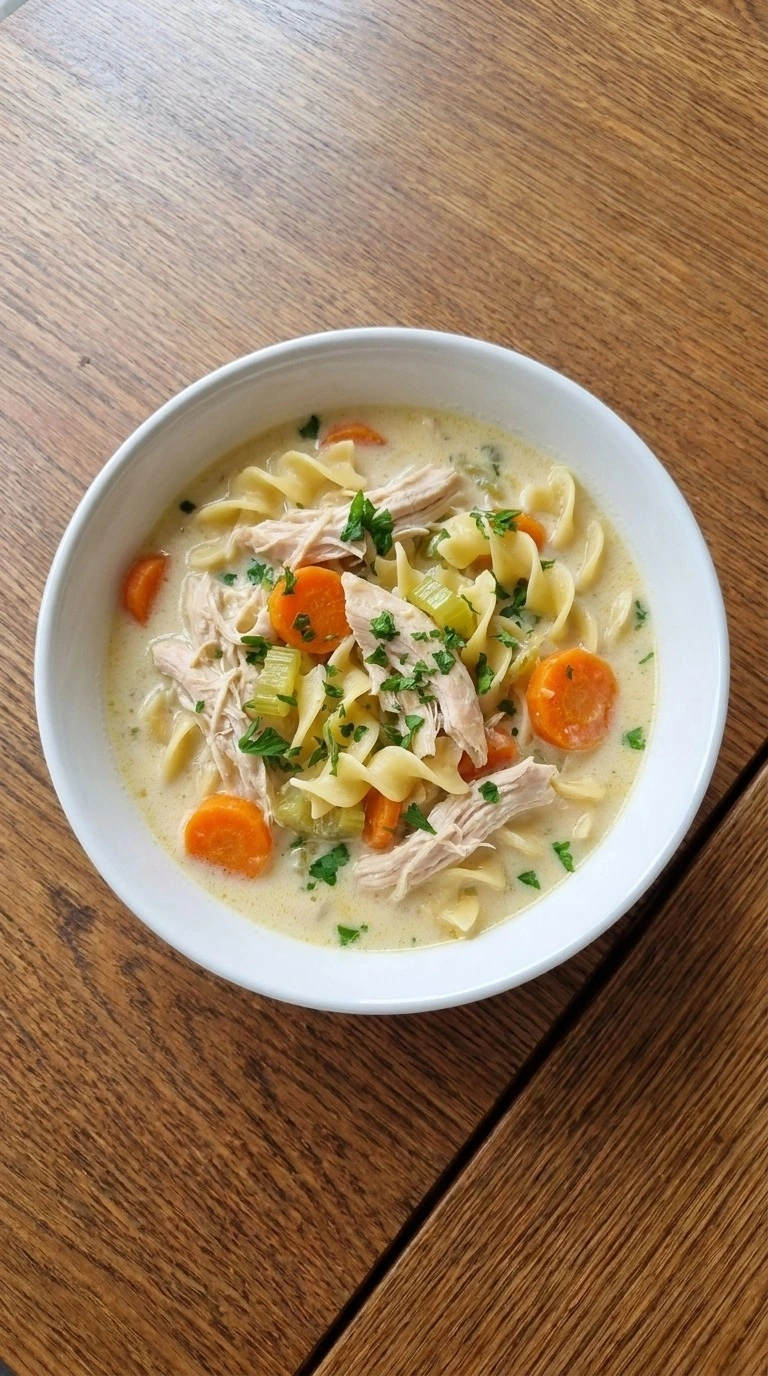 Creamy Chicken Noodle Soup served with noodles chicken and parsley Recipe focus: chicken noodle soup recipe.