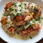 Creamy Garlic Butter Chicken Thighs with crisp golden skin in a silky garlic cream sauce Recipe focus: creamy chicken thighs recipe.