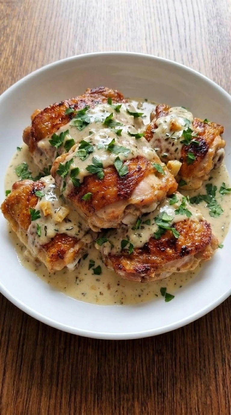 Creamy Garlic Butter Chicken Thighs with crisp golden skin in a silky garlic cream sauce Recipe focus: creamy chicken thighs recipe.