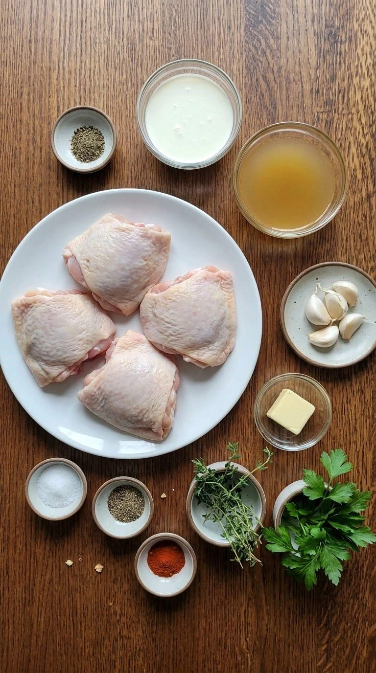 Creamy Garlic Butter Chicken Thighs ingredients with raw chicken, cream, broth, garlic, butter and herbs Recipe focus: creamy chicken thighs recipe.