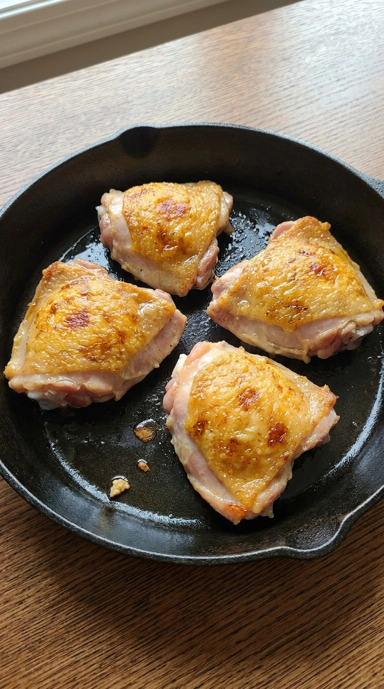 Creamy Garlic Butter Chicken Thighs searing skin side down until deep golden in the skillet Recipe focus: easy chicken thigh dinner.
