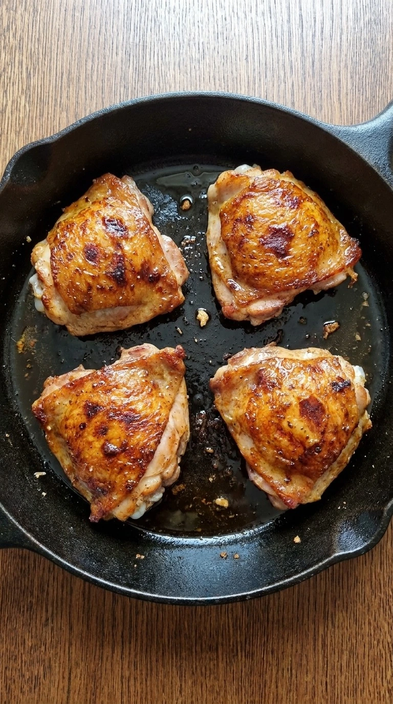 Creamy Garlic Butter Chicken Thighs flipped with crisp amber skin and fully opaque edges Recipe focus: creamy chicken thighs recipe.