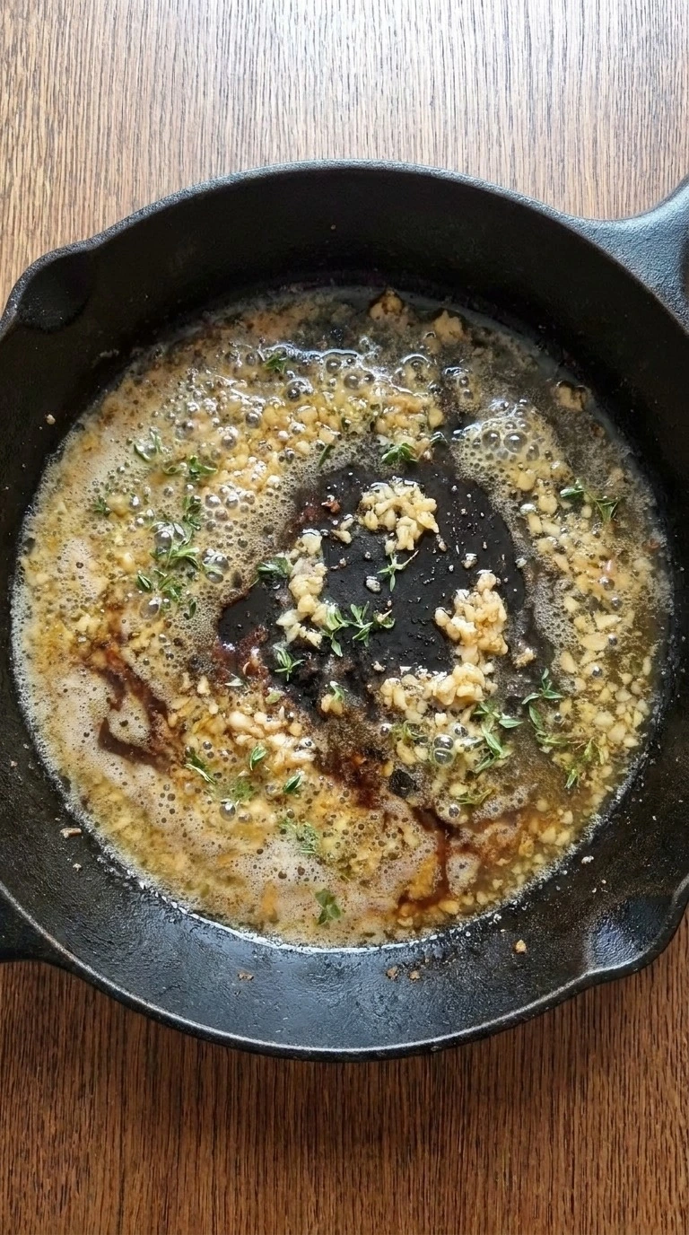 Creamy Garlic Butter Chicken Thighs sauce base with toasted garlic, thyme and reduced chicken broth Recipe focus: creamy chicken thighs recipe.