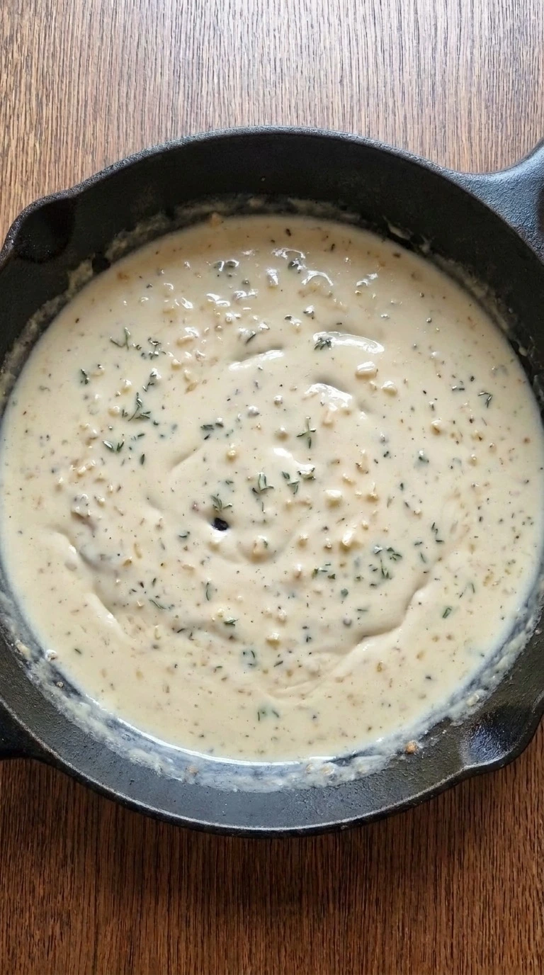Creamy Garlic Butter Chicken Thighs sauce thickened to a glossy ivory finish off the heat Recipe focus: easy chicken thigh dinner.
