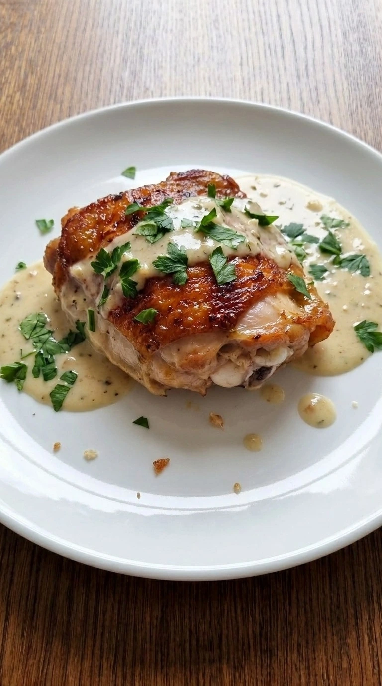 Creamy Garlic Butter Chicken Thighs plated with crisp skin, glossy garlic cream sauce and parsley Recipe focus: creamy chicken thighs recipe.