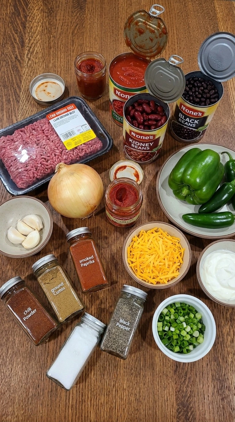 Crockpot Chili ingredients including beef beans tomatoes peppers and spices Recipe focus: chili seasoning recipe.