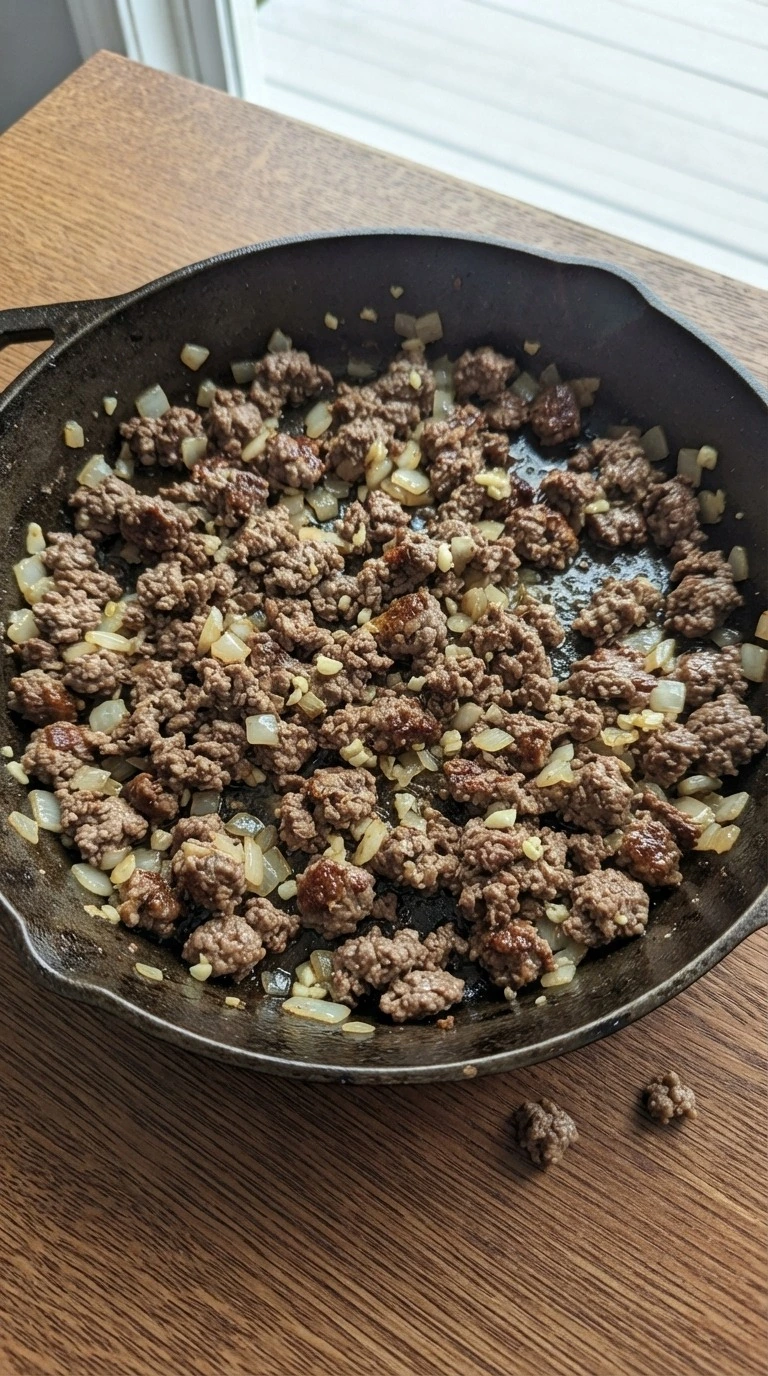 Crockpot Chili beef browning with onions and garlic in the first cooking step Recipe focus: chili recipe easy.