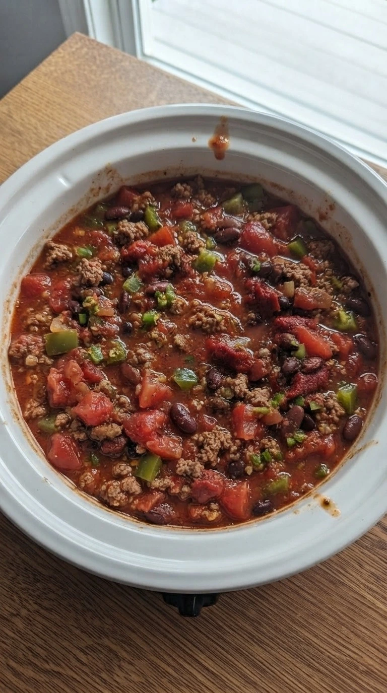 Crockpot Chili mixture with beef beans tomatoes and spices combined Recipe focus: chili recipe.