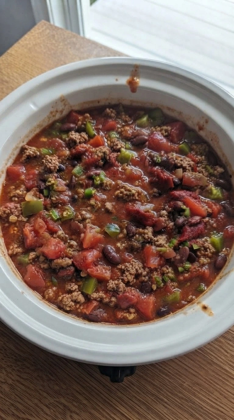 Crockpot Chili slowly cooking with thick sauce and tender beans Recipe focus: chili recipe crockpot.