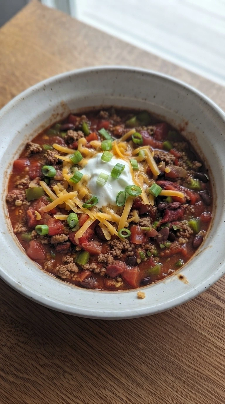 Crockpot Chili served with cheddar sour cream and green onions Recipe focus: chili seasoning recipe.