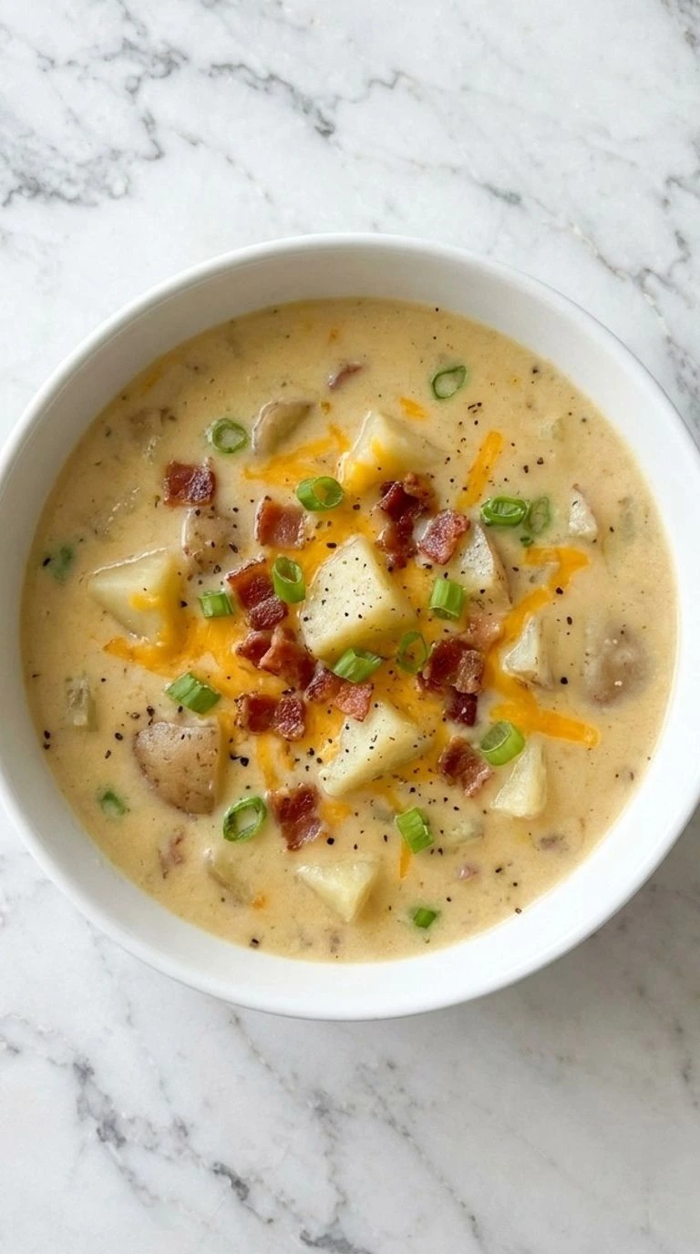 Crockpot Potato Soup in a bowl with creamy broth and tender potato pieces Recipe focus: potato soup crock pot.