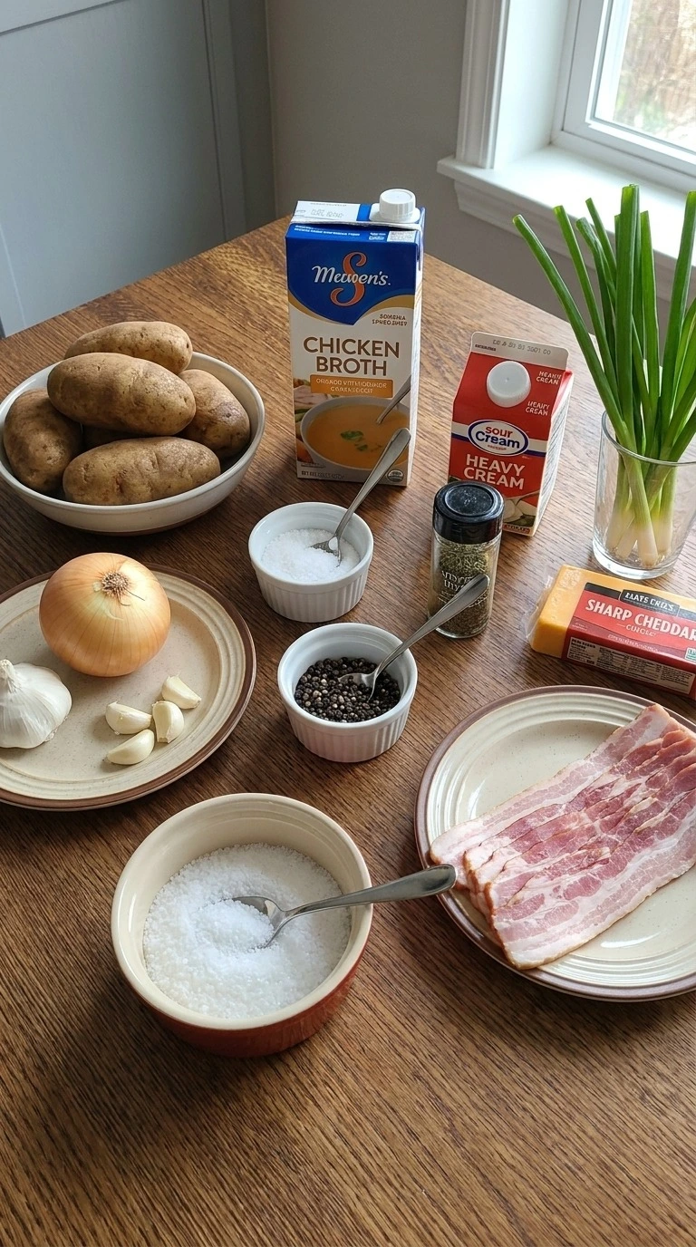 Crockpot Potato Soup ingredients with potatoes dairy and seasonings arranged Recipe focus: easy crockpot potato soup.