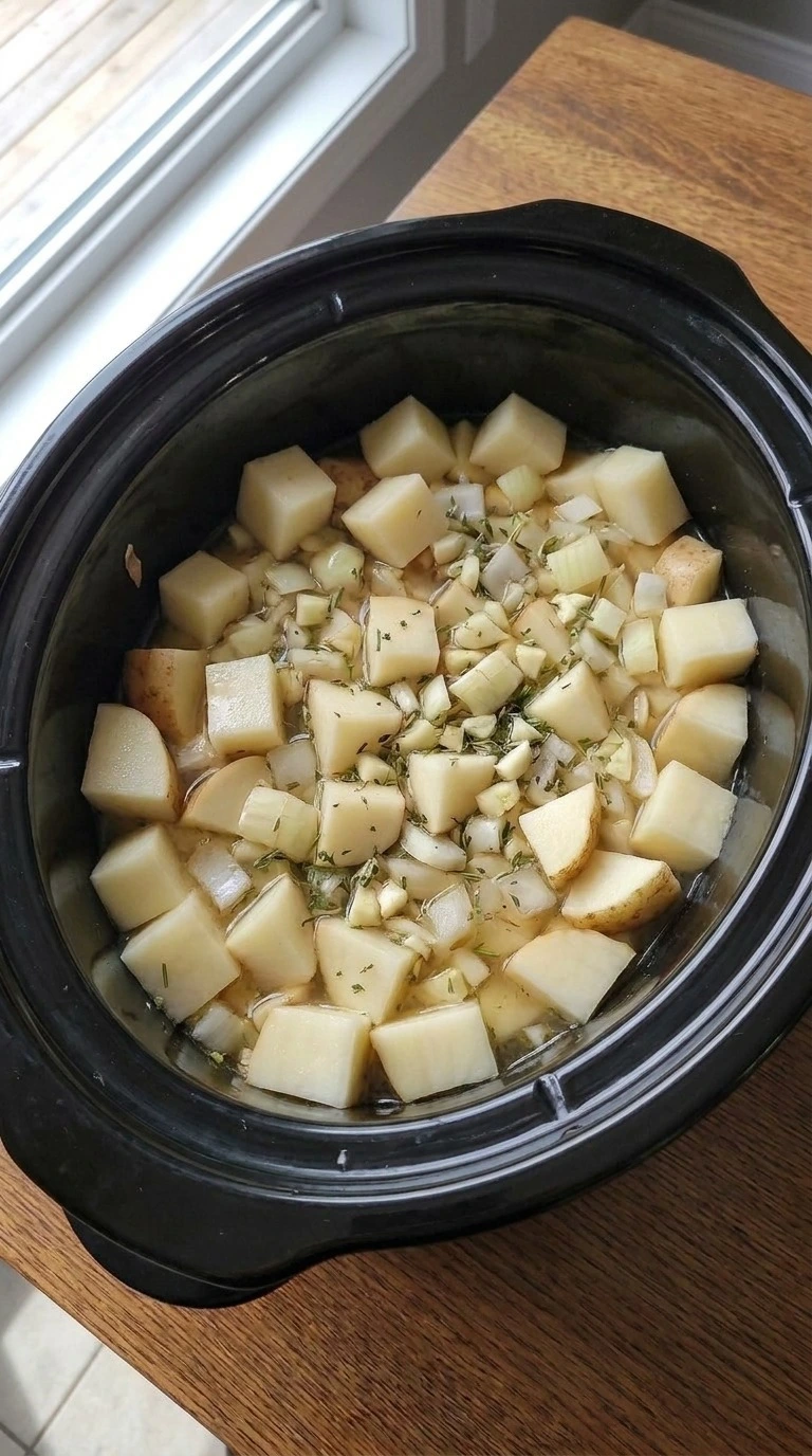 Crockpot Potato Soup step 2 showing softened potatoes in slow cooker broth Recipe focus: potato soup crock pot.