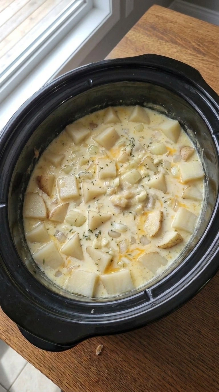 Crockpot Potato Soup step 3 with creamy cheddar potato texture Recipe focus: potato soup crock pot.