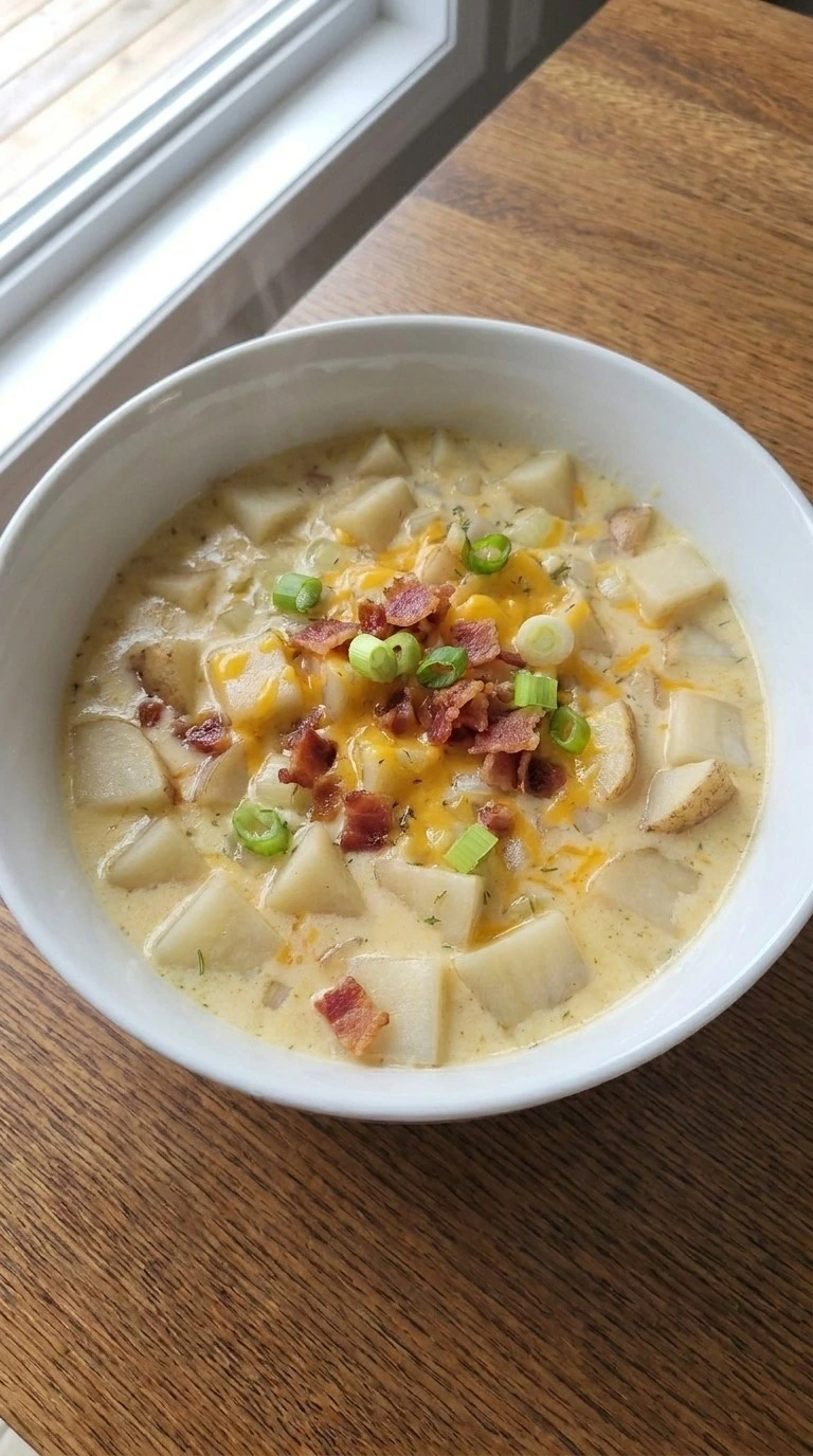 Crockpot Potato Soup step 4 served with cheese bacon and onions Recipe focus: ham and potato soup.