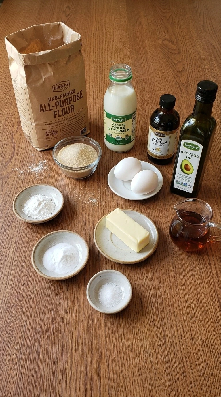 Ingredients measured for Fluffy Buttermilk Pancakes from Scratch before mixing Recipe focus: homemade pancakes from scratch.