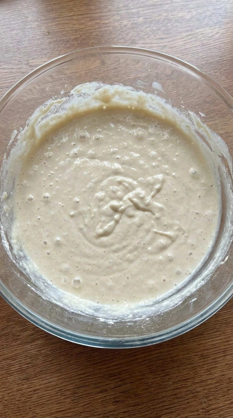 Thick rested batter with small lumps for Fluffy Buttermilk Pancakes from Scratch Recipe focus: homemade pancakes from scratch.