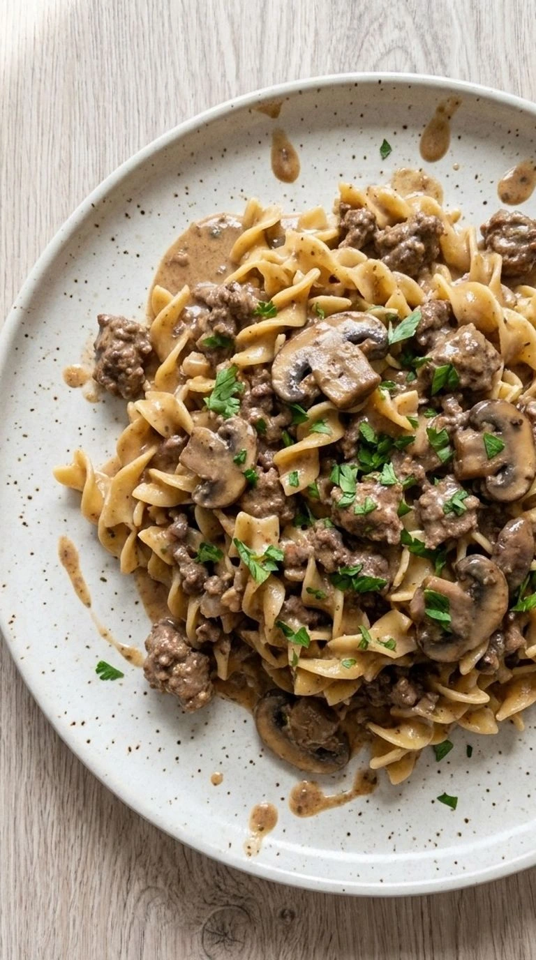 Ground Beef Stroganoff creamy noodles with browned beef and mushroom sauce Recipe focus: beef stroganoff recipe. Recipe focus: beef stroganoff with ground beef.
