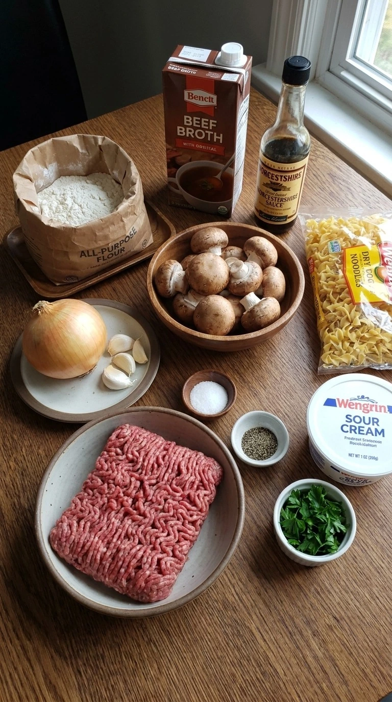 Ground Beef Stroganoff ingredients including beef mushrooms noodles and sauce items Recipe focus: beef stroganoff Recipe focus: ground beef stroganoff recipe.