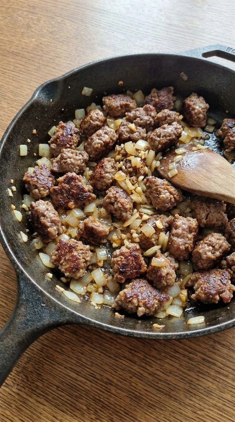 Ground Beef Stroganoff browning ground beef with onions and garlic Recipe focus: beef stroganoff easy. Recipe focus: beef stroganoff recipe.