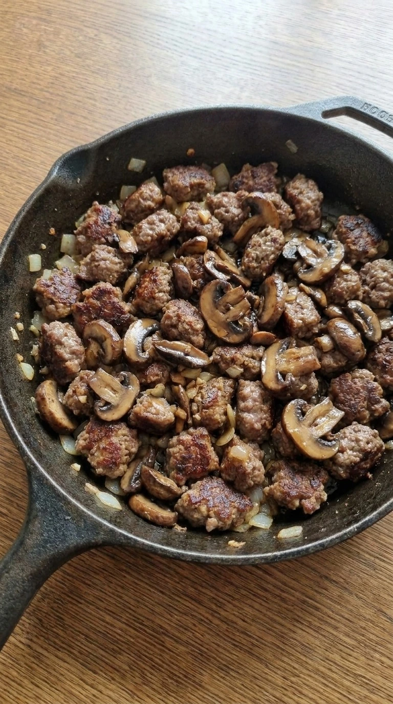 Ground Beef Stroganoff with softened cremini mushrooms and browned beef Recipe focus: beef stroganoff recipe. Recipe focus: beef stroganoff with ground beef.