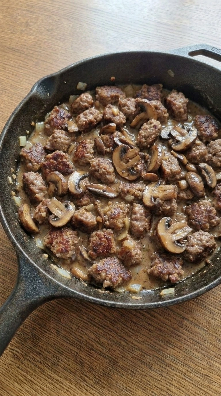 Ground Beef Stroganoff sauce thickening with beef mushrooms and broth Recipe focus: beef stroganoff recipe. Recipe focus: beef stroganoff with ground beef.