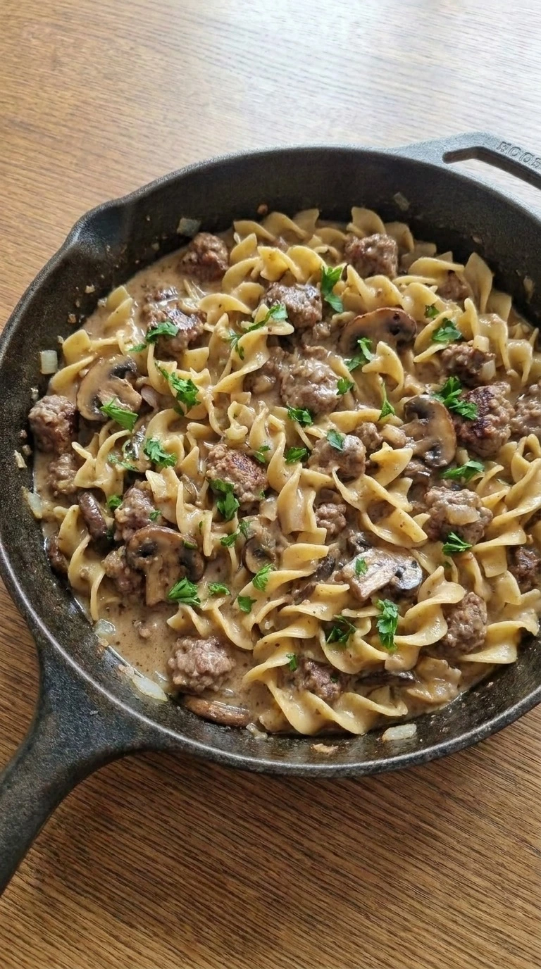 Ground Beef Stroganoff creamy noodles folded with beef sauce Recipe focus: beef stroganoff with ground beef. Recipe focus: ground beef stroganoff recipe.