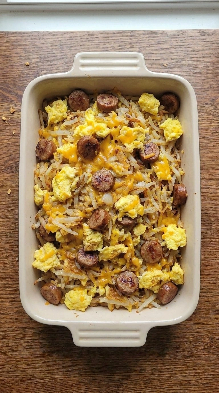 Hashbrown Breakfast Casserole layered before baking Recipe focus: breakfast casserole with hashbrowns.