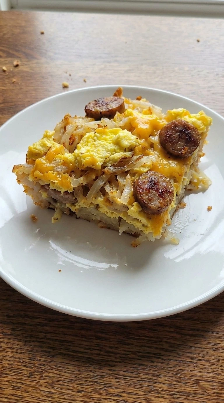 Hashbrown Breakfast Casserole slice served on plate Recipe focus: easy breakfast casserole.