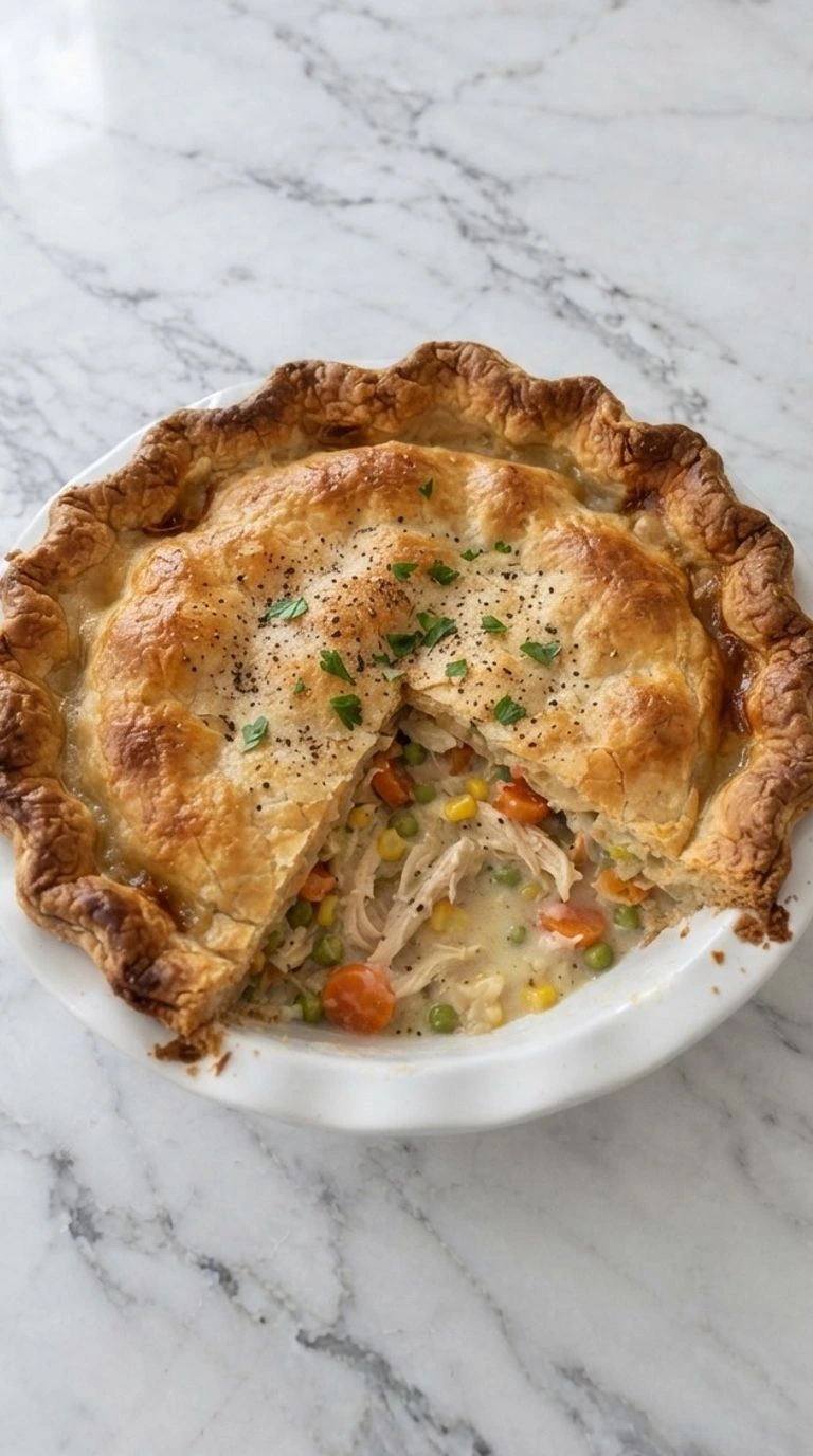 Homemade Chicken Pot Pie with golden crust and creamy filling served fresh Recipe focus: easy chicken pot pie.