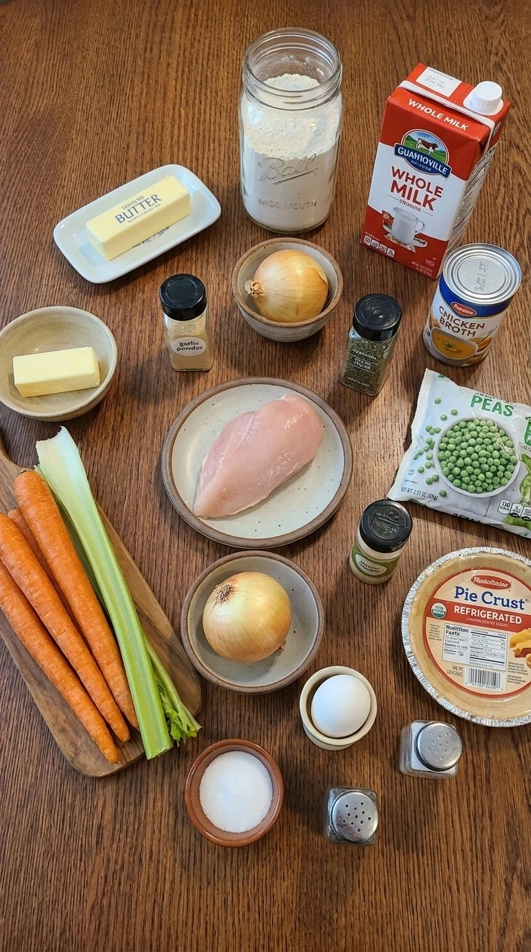Homemade Chicken Pot Pie ingredients with chicken vegetables flour and herbs Recipe focus: homemade chicken pot pie recipe.