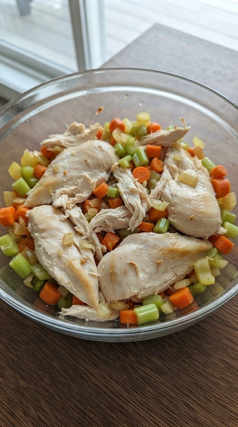 Homemade Chicken Pot Pie chicken filling base with shredded chicken and vegetables Recipe focus: easy chicken pot pie.