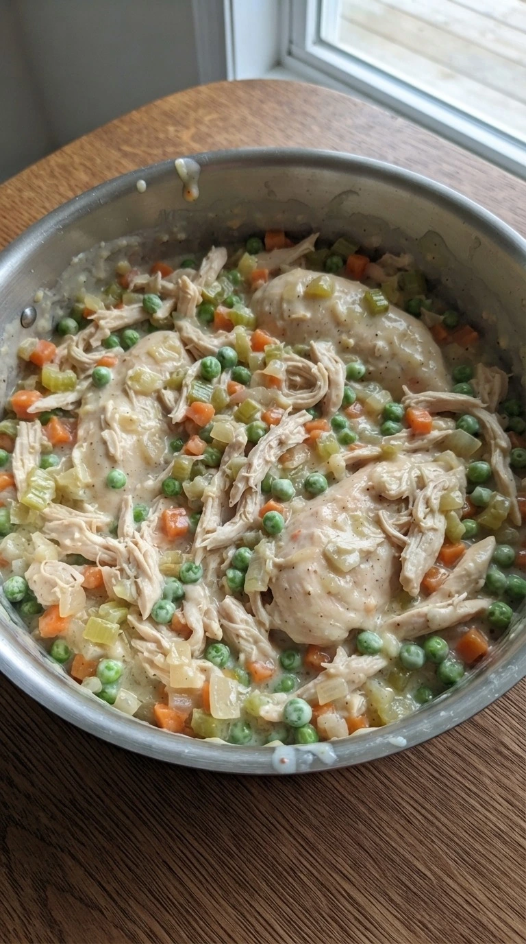Homemade Chicken Pot Pie creamy filling with chicken vegetables and sauce Recipe focus: easy chicken pot pie.