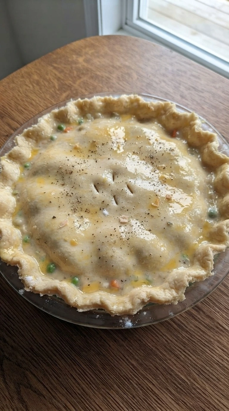 Homemade Chicken Pot Pie crust layered over creamy chicken filling Recipe focus: easy chicken pot pie recipe.