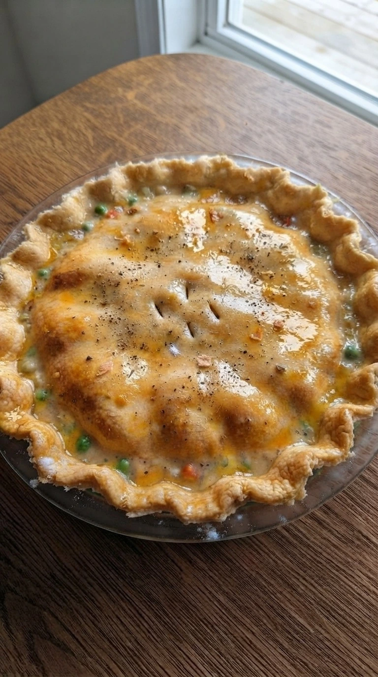 Homemade Chicken Pot Pie baking with golden flaky crust and bubbling filling Recipe focus: homemade chicken pot pie recipe.