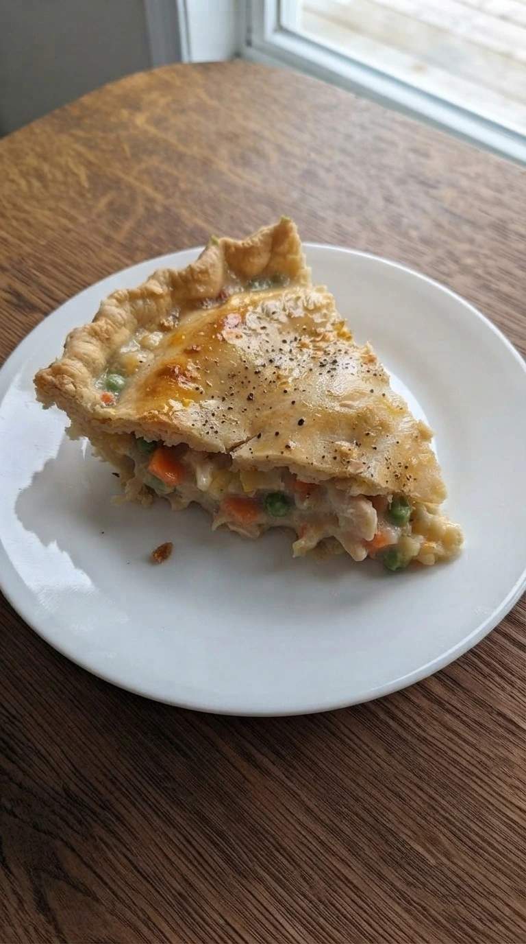 Homemade Chicken Pot Pie single serving with flaky crust and creamy center Recipe focus: homemade chicken pot pie recipe.