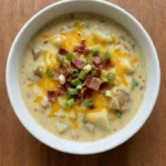 Loaded Baked Potato Soup in a bowl with melted cheese and bacon topping Recipe focus: potato soup recipe.