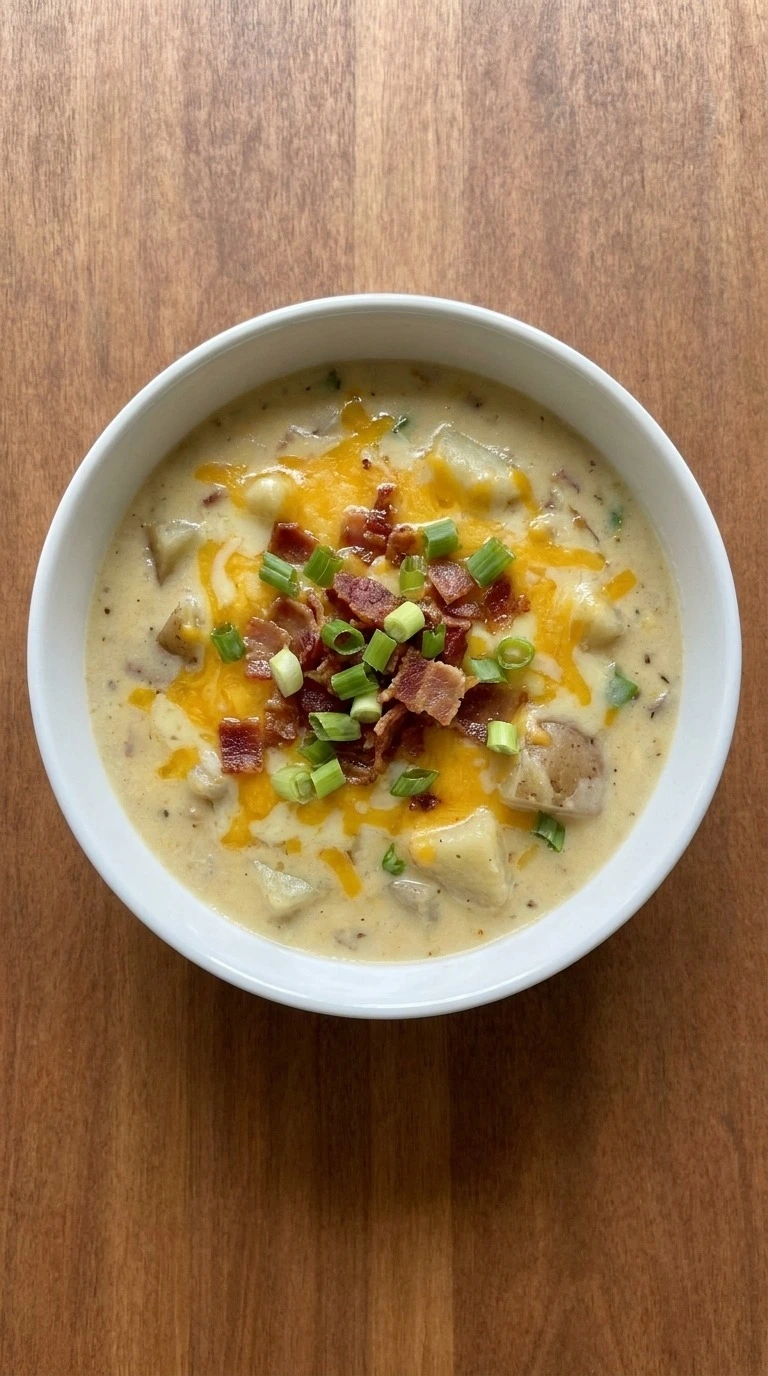 Loaded Baked Potato Soup in a bowl with melted cheese and bacon topping Recipe focus: potato soup recipe.