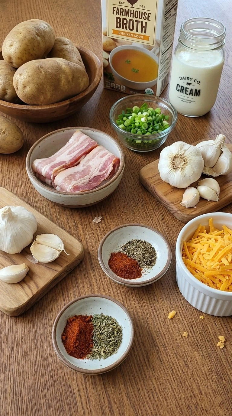 Loaded Baked Potato Soup ingredients with potatoes bacon cheddar and dairy items Recipe focus: cheesy potato soup.
