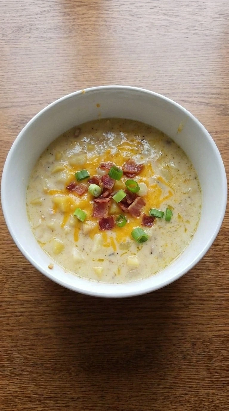 Loaded Baked Potato Soup final bowl with bacon cheddar topping Recipe focus: cheesy potato soup.