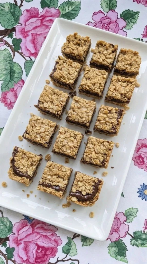 No Bake Chocolate Oat Bars cut into uneven squares with chewy oat layers and a fudgy chocolate center. Recipe focus: easy no bake dessert bars.