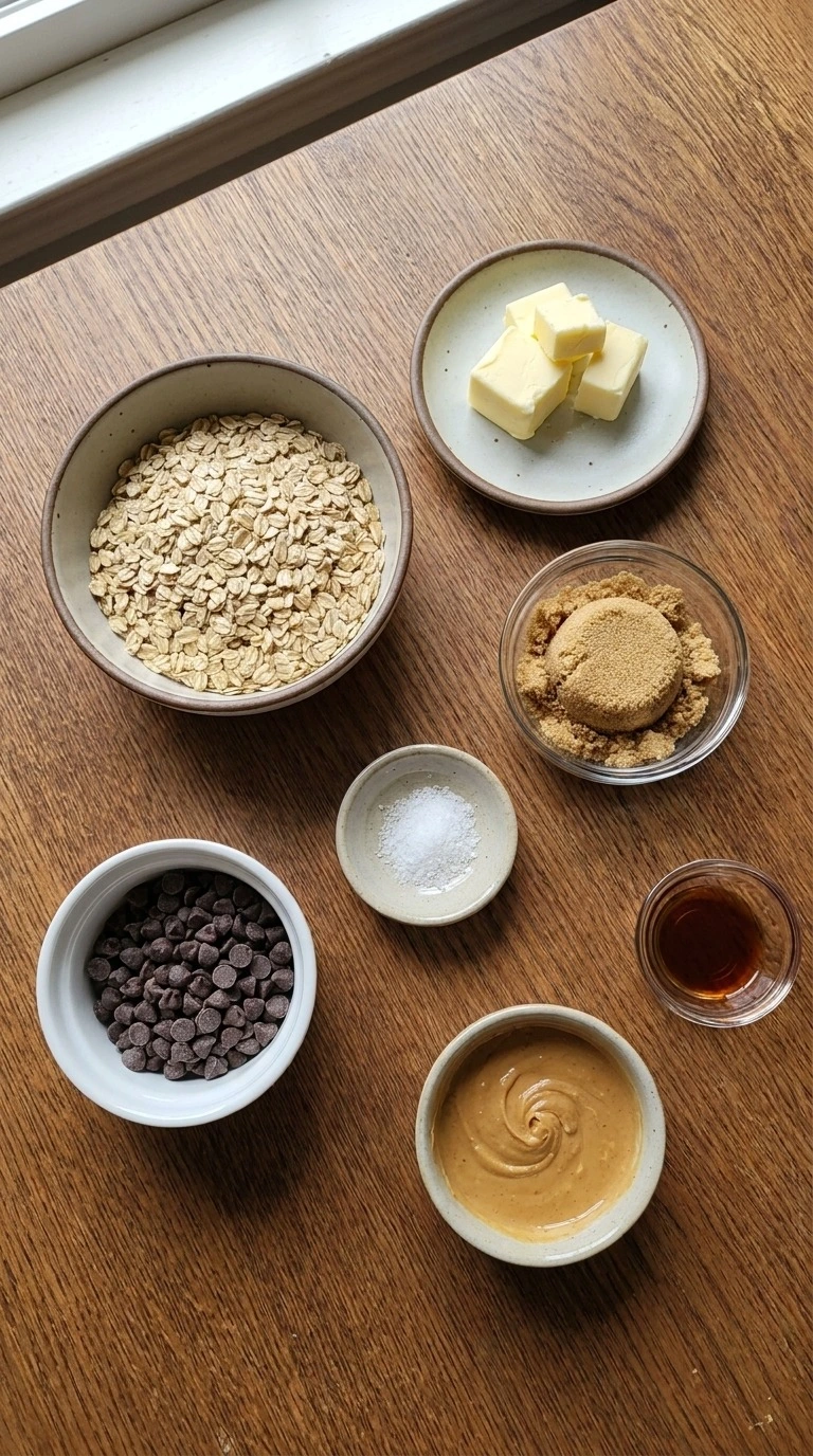 No Bake Chocolate Oat Bars ingredients with rolled oats, butter, brown sugar, chocolate chips and peanut butter. Recipe focus: easy no bake dessert bars.