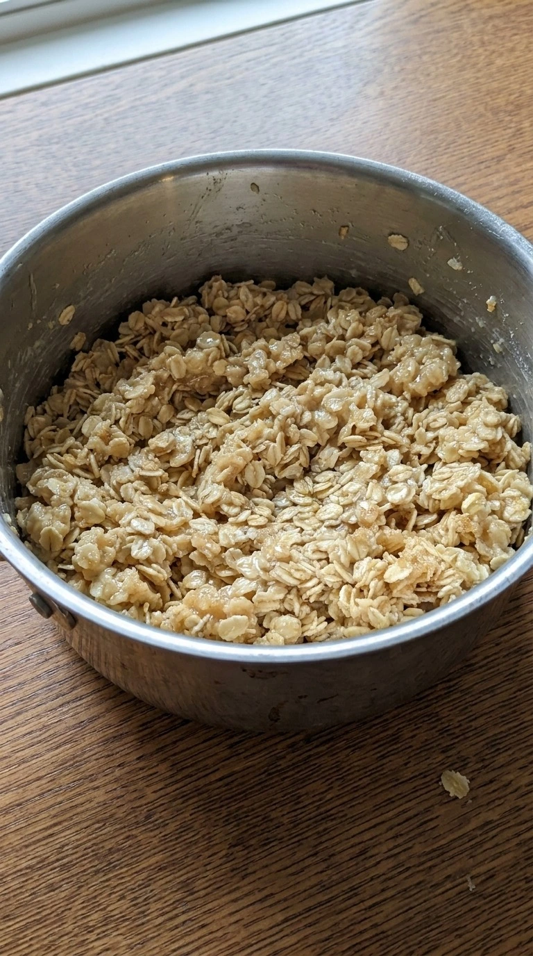 No Bake Chocolate Oat Bars step showing rolled oats turning light golden in the warm butter and brown sugar mixture. Recipe focus: chocolate oatmeal bars.
