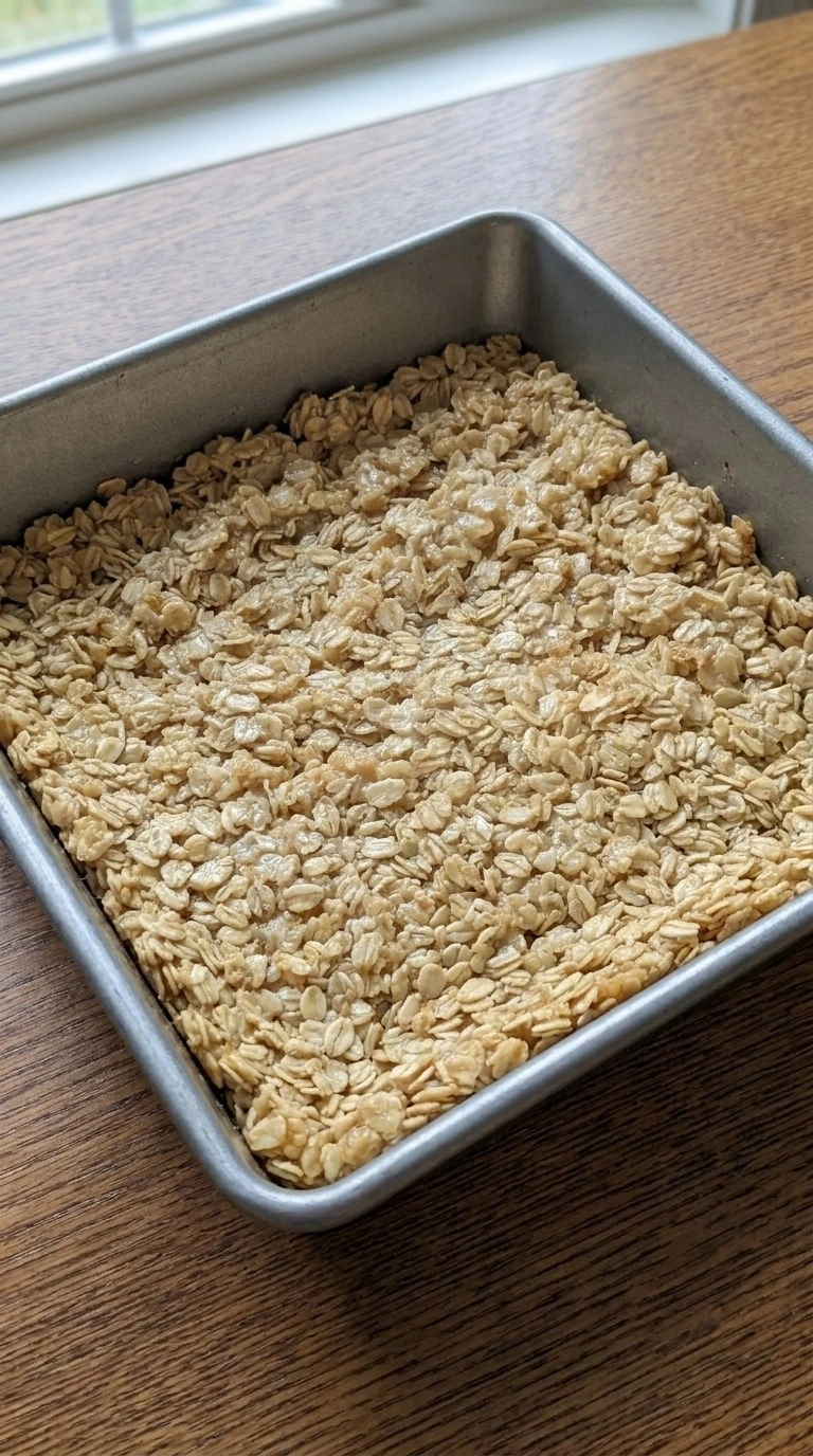 No Bake Chocolate Oat Bars step showing the first warm oat layer pressed firmly into an 8x8-inch square pan. Recipe focus: easy no bake dessert bars.