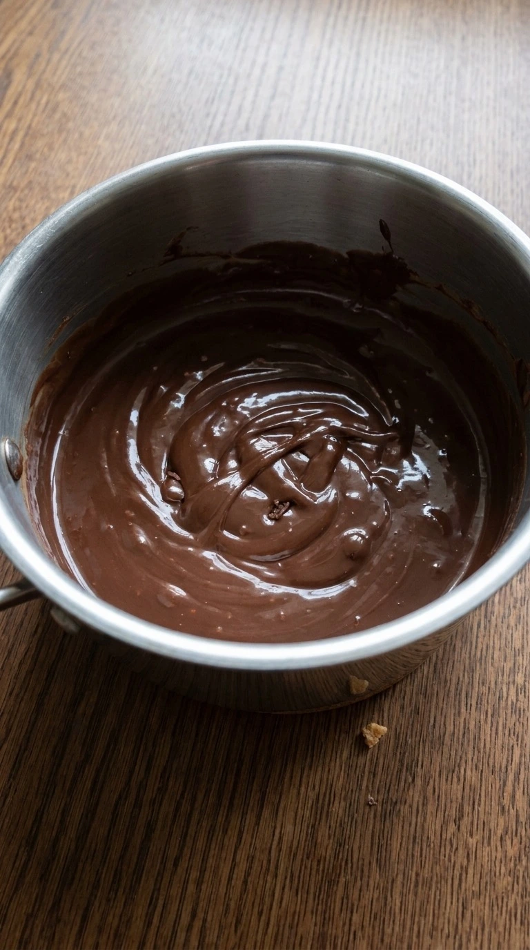 No Bake Chocolate Oat Bars step showing semisweet chocolate and creamy peanut butter melted into a glossy filling. Recipe focus: easy no bake dessert bars.
