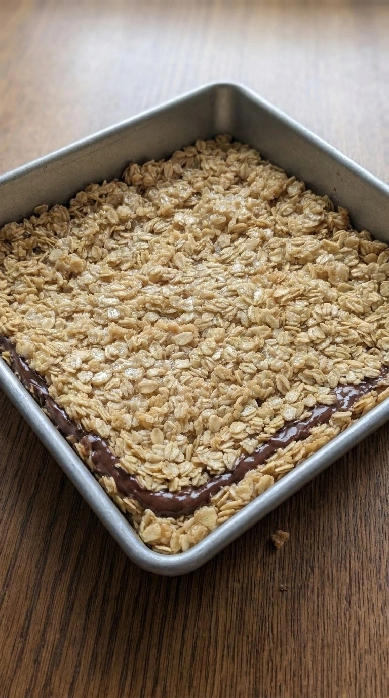 No Bake Chocolate Oat Bars step showing a glossy chocolate peanut butter center layered between two golden oat layers. Recipe focus: chocolate oatmeal bars.