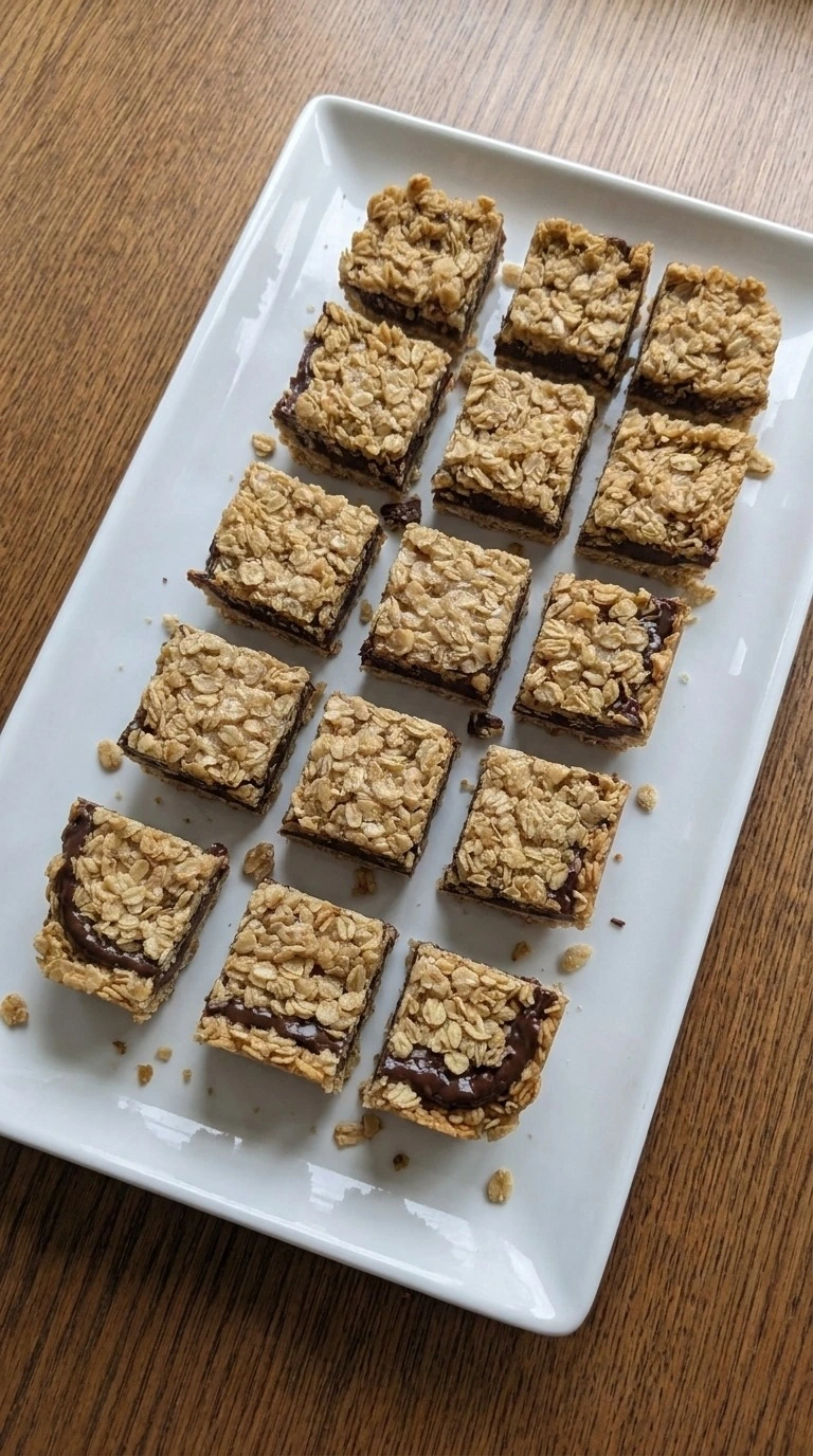 No Bake Chocolate Oat Bars cut cold into sixteen uneven squares with firm oat layers and a dark fudgy center. Recipe focus: easy no bake dessert bars.